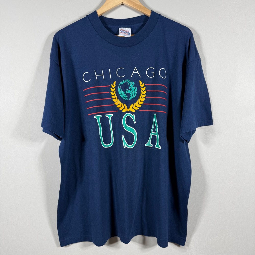 Tennessee River Vintage Chicago USA Globe Graphic T-Shirt Navy Blue XL